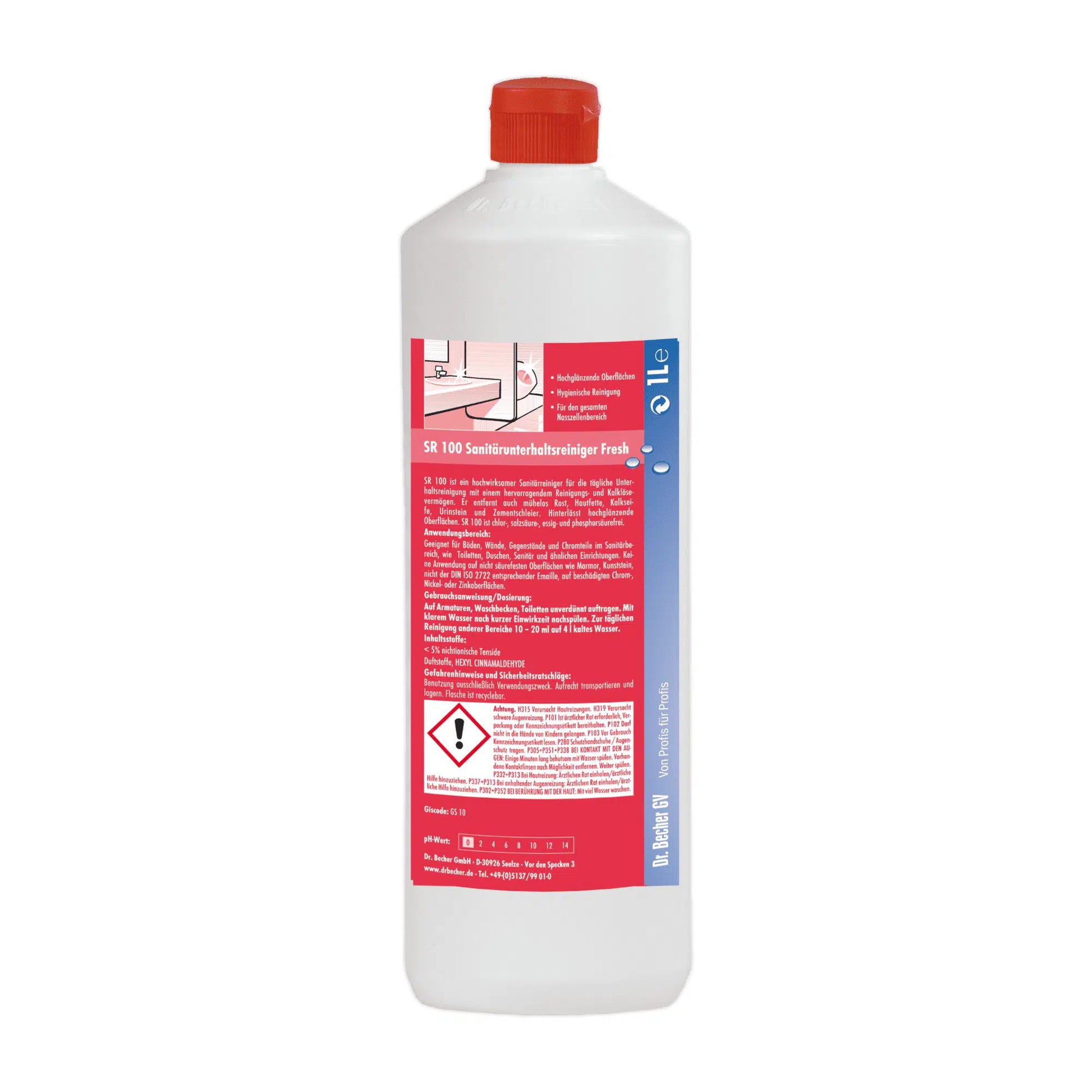 Eine weiße Plastikflasche mit rotem Verschluss. Auf dem Etikett sind deutsche Hinweise sowie Gefahrensymbole zu sehen, die darauf hinweisen, dass sich darin ein Dr. Becher SR 100 Sanitärunterhaltsreiniger Fresh der Dr. Becher GmbH befindet.