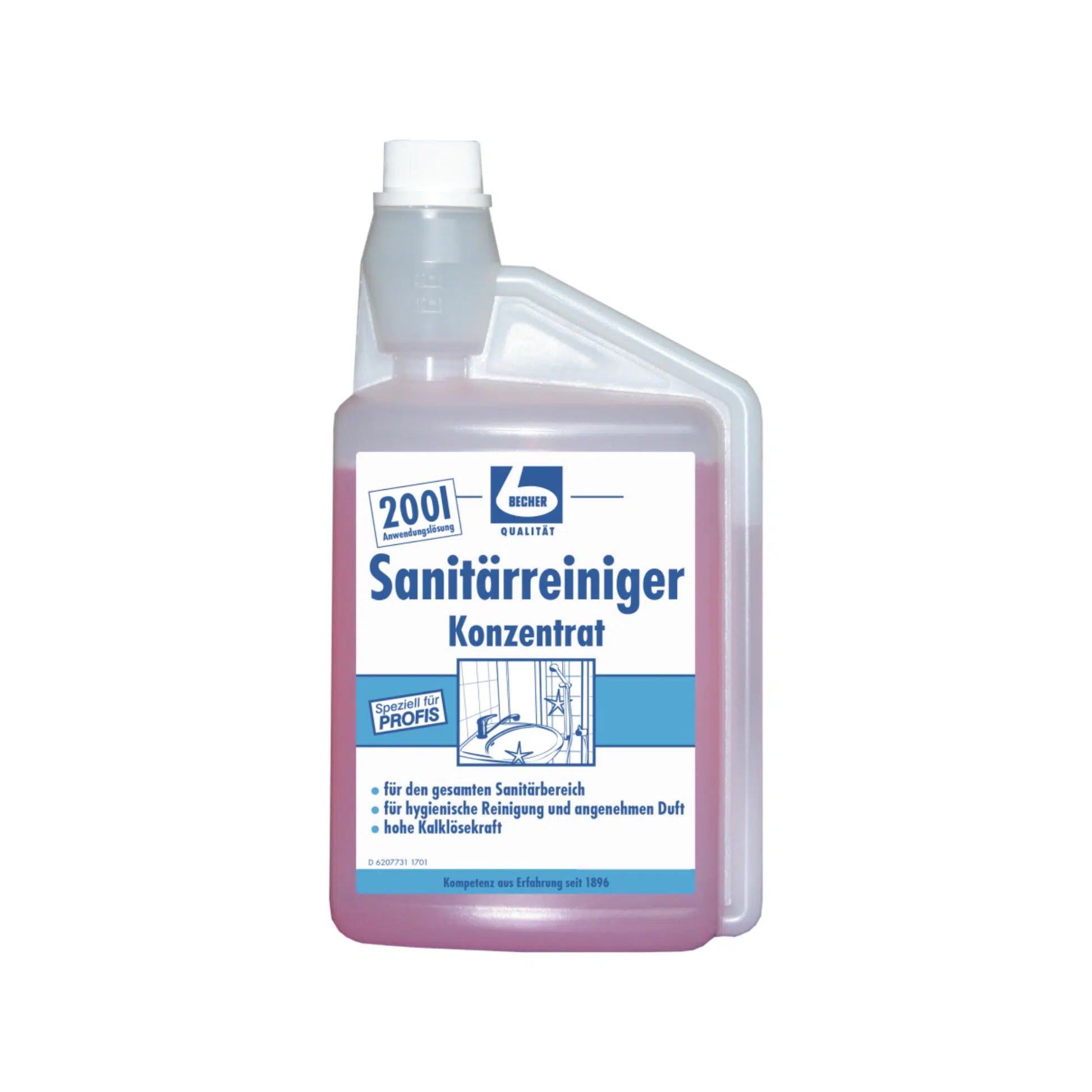 Plastikflasche Dr. Becher Sanitärreiniger Konzentrat - 1 Liter | Flasche (1000 ml), ein konzentrierter Badreiniger für die tägliche Unterhaltsreinigung. Das Etikett ist in deutscher Sprache und trägt den Namen der Dr. Becher GmbH.