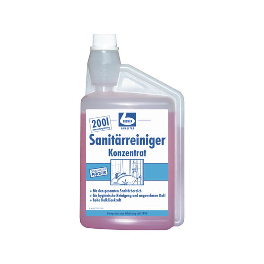 Plastikflasche Dr. Becher Sanitärreiniger Konzentrat - 1 Liter | Flasche (1000 ml), ein konzentrierter Badreiniger für die tägliche Unterhaltsreinigung. Das Etikett ist in deutscher Sprache und trägt den Namen der Dr. Becher GmbH.