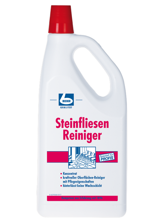 Eine weiße Plastikflasche „Dr. Becher Fliesen Reiniger“ mit rotem Verschluss und rot-blauem Etikett ist für die Reinigung von Steinfliesen bestimmt. Das Etikett betont professionelle Qualität und Oberflächenschutz.