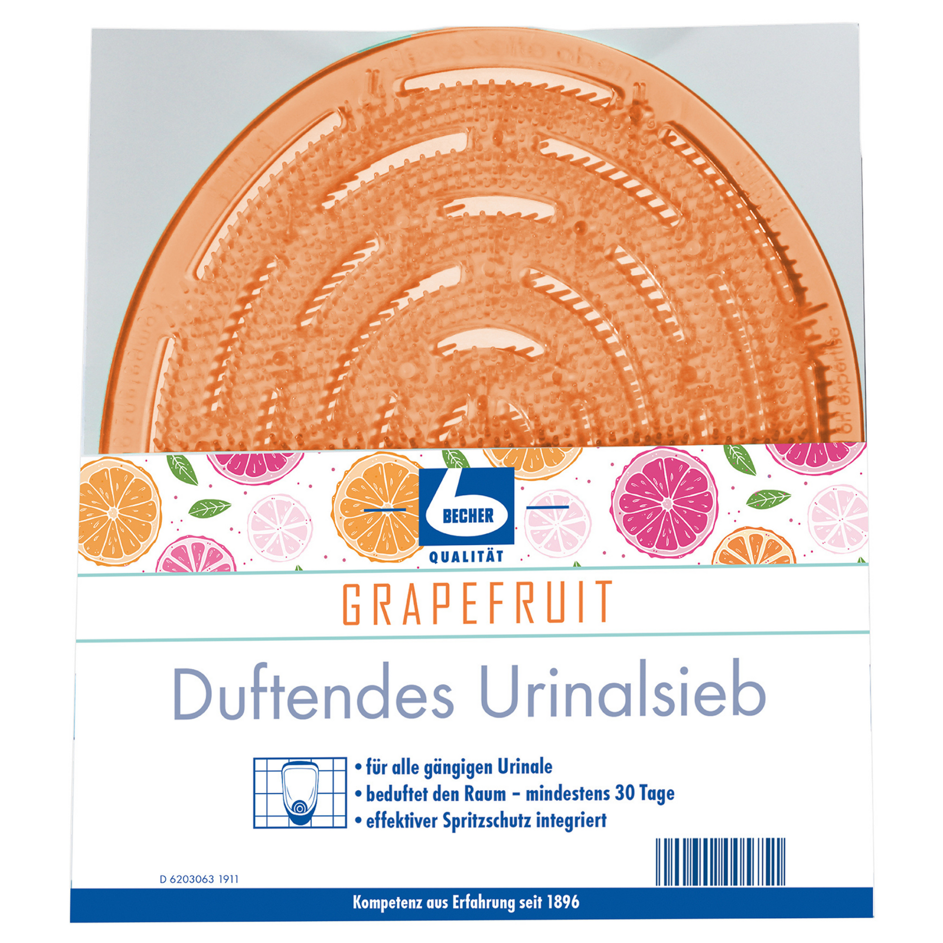 Aromatisches, nach Grapefruit duftendes Urinalsieb von Dr. Becher GmbH mit einer orangefarbenen, runden Matte, die durch eine transparente Vorderseite sichtbar ist. Das Etikett enthält Fruchtillustrationen und einen deutschen Text, der beschreibt