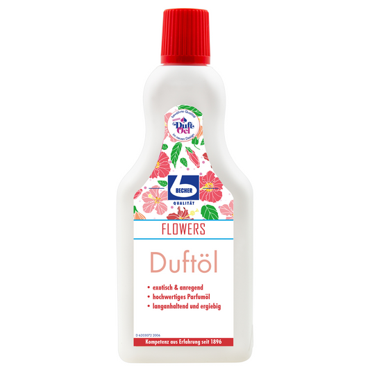 Eine Flasche „Dr. Becher Duftöl“ mit rotem Verschluss und einem Etikett mit floraler Grafik und Text, der das Produkt als exotisches und aromatisches Parfümöl hoher Qualität beschreibt.