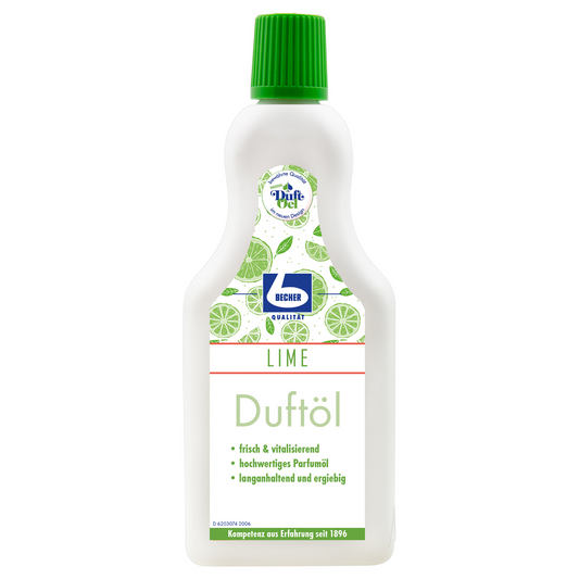Eine Flasche Dr. Becher Duftöl Limettenduftöl mit grünem Verschluss. Das Etikett zeigt Abbildungen von Limettenscheiben und nennt Eigenschaften wie erfrischendes, hochwertiges Parfümöl und langanhaltenden Duft.