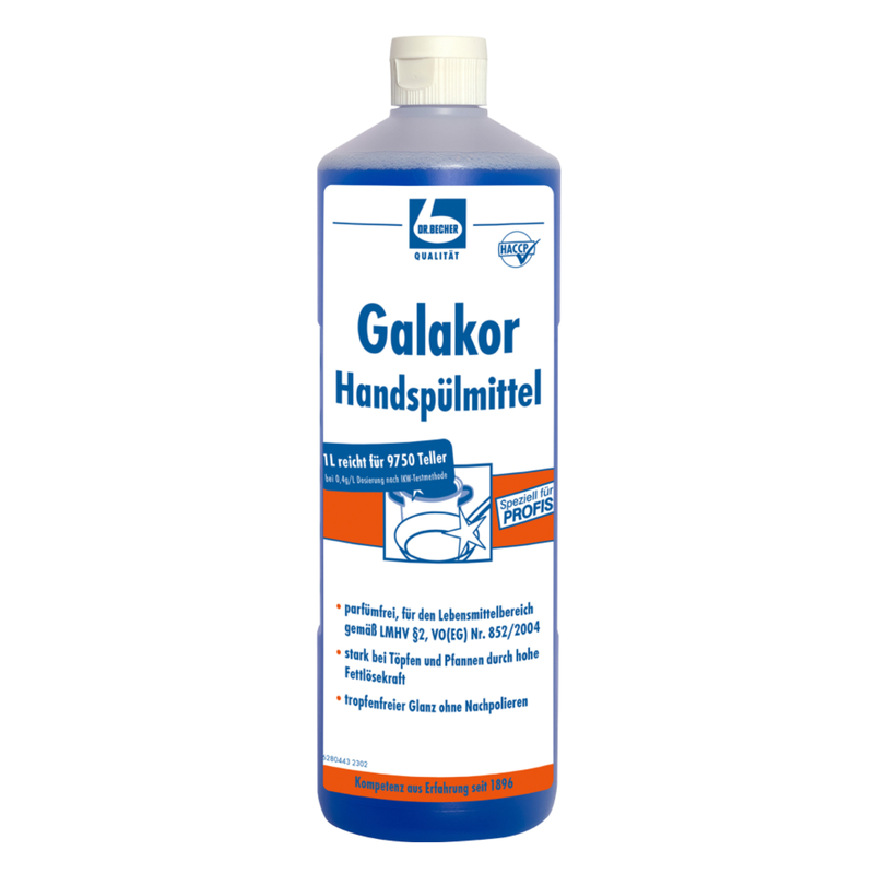 A blue plastic bottle with Dr. Becher Galakor dishwashing liquid - 1 liter | Bottle (1000 ml), a fragrance-free professional dishwashing liquid from Dr. Becher GmbH. The predominantly white label with blue text and a graphic of a plate and bubbles indicates that the product is suitable for professional use, offers maximum cleaning power, and is also food-safe.
