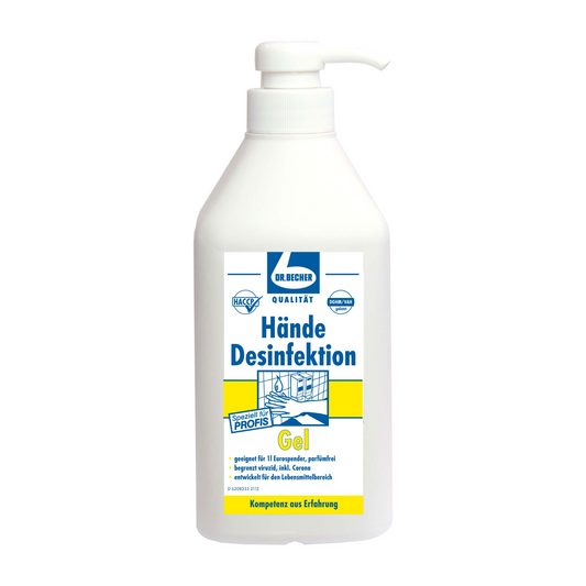 Eine Flasche Händedesinfektionsgel mit Dispenser von Dr. Becher GmbH mit Pumpspender. Das Etikett ist überwiegend in Blau und Gelb gehalten und zeigt Text und Grafiken, die auf die Verwendung zur professionellen Händehygiene hinweisen.