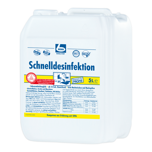 Ein 5-Liter-Kanister mit Desinfektionslösung Dr. Becher Schnelldesinfektionsmittel mit mehreren Etiketten und Anweisungen in deutscher Sprache, die auf die Verwendung für medizinische und allgemeine Desinfektionszwecke hinweisen.
