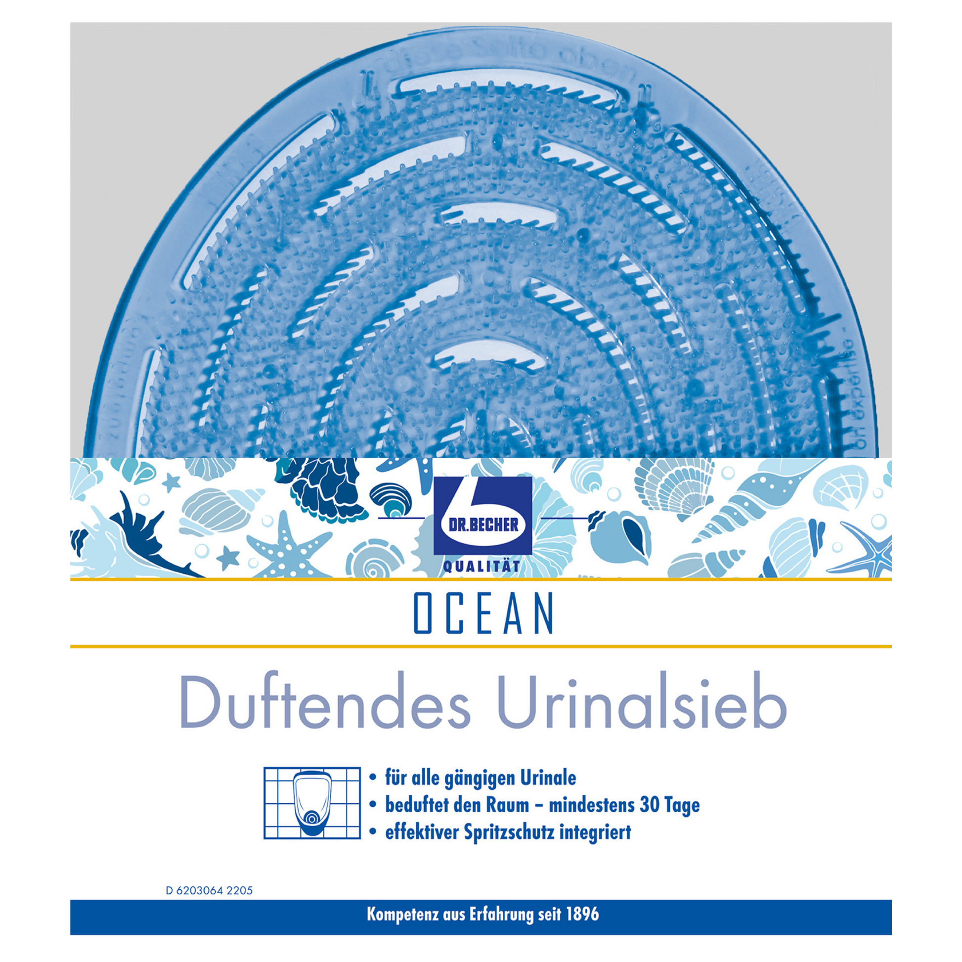 Ein rundes, blaues Dr. Becher Duftendes Urinalsieb mit Meeresmotiv, Fisch- und Wellenmuster, der Aufschrift „Ozean“ und einem deutschen Text, der die Wirksamkeit für 30 Tage anpreist. Das Logo „Dr. Becher GmbH“ ist ebenfalls auf dem Urinalsieb zu sehen.