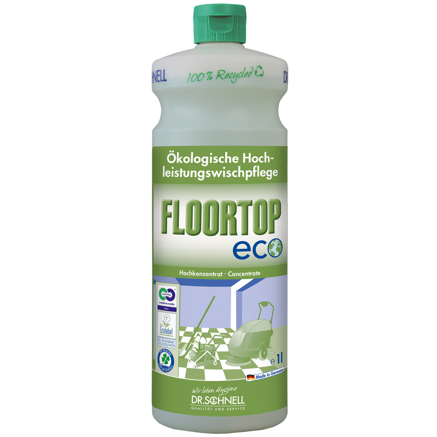 A bottle of Dr. Schnell Floortop Eco Floor Cleaner Concentrate from DR.SCHNELL GmbH & Co. KGaA, an ecological, highly effective cleaner for waterproof floors, with a green cap/label and recycling symbols; made from 100% recycled material.