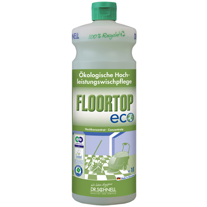 A bottle of Dr. Schnell Floortop Eco Floor Cleaner Concentrate from DR.SCHNELL GmbH & Co. KGaA, an ecological, highly effective cleaner for waterproof floors, with a green cap/label and recycling symbols; made from 100% recycled material.