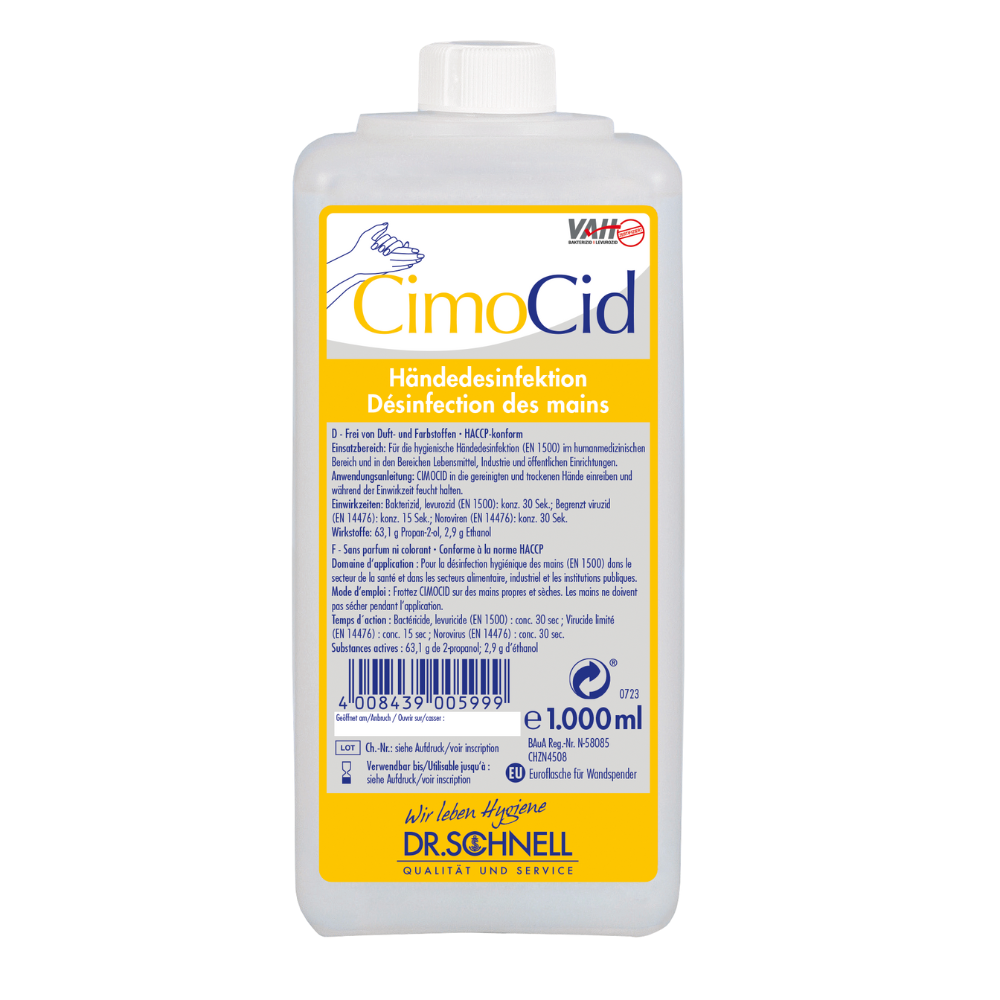 The Dr. Schnell CIMOCID Alcoholic Hand Disinfection by DR.SCHNELL GmbH & Co. KGaA is available in a 1000 ml bottle with a yellow label featuring the brand name and a hand symbol. It contains clear instructions in German and French for effective hand hygiene.