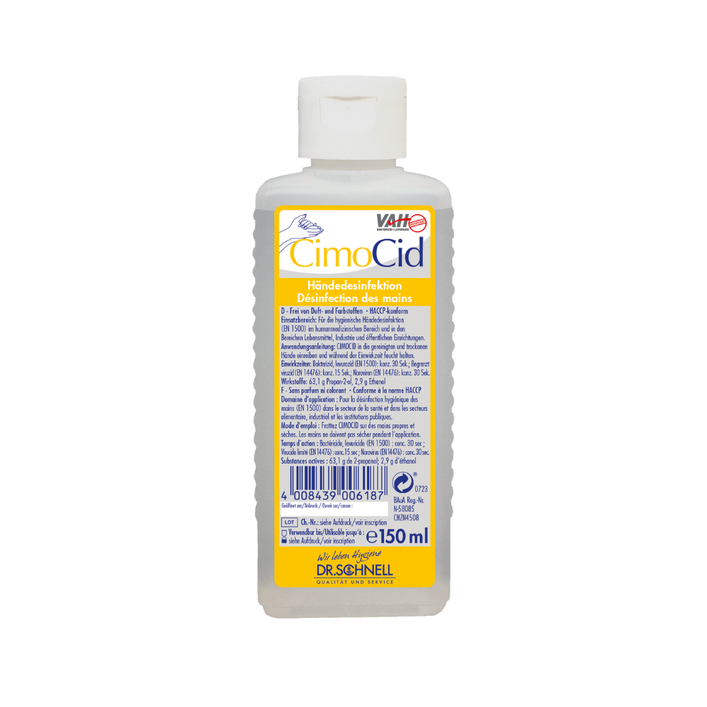 The Dr. Schnell CIMOCID Alcoholic Hand Disinfection in the 150 ml bottle of DR.SCHNELL GmbH & Co. KGaA is equipped with a yellow label with multilingual text and barcode. The white flip-top cap allows easy access and ensures effective hand disinfection.