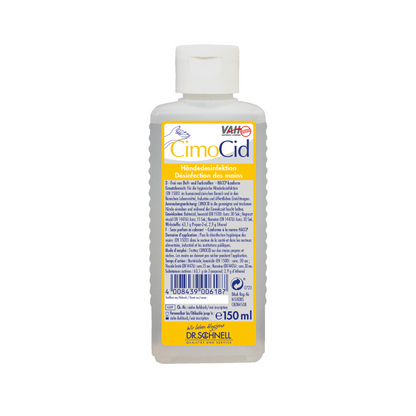 The Dr. Schnell CIMOCID Alcoholic Hand Disinfection in the 150 ml bottle of DR.SCHNELL GmbH & Co. KGaA is equipped with a yellow label with multilingual text and barcode. The white flip-top cap allows easy access and ensures effective hand disinfection.