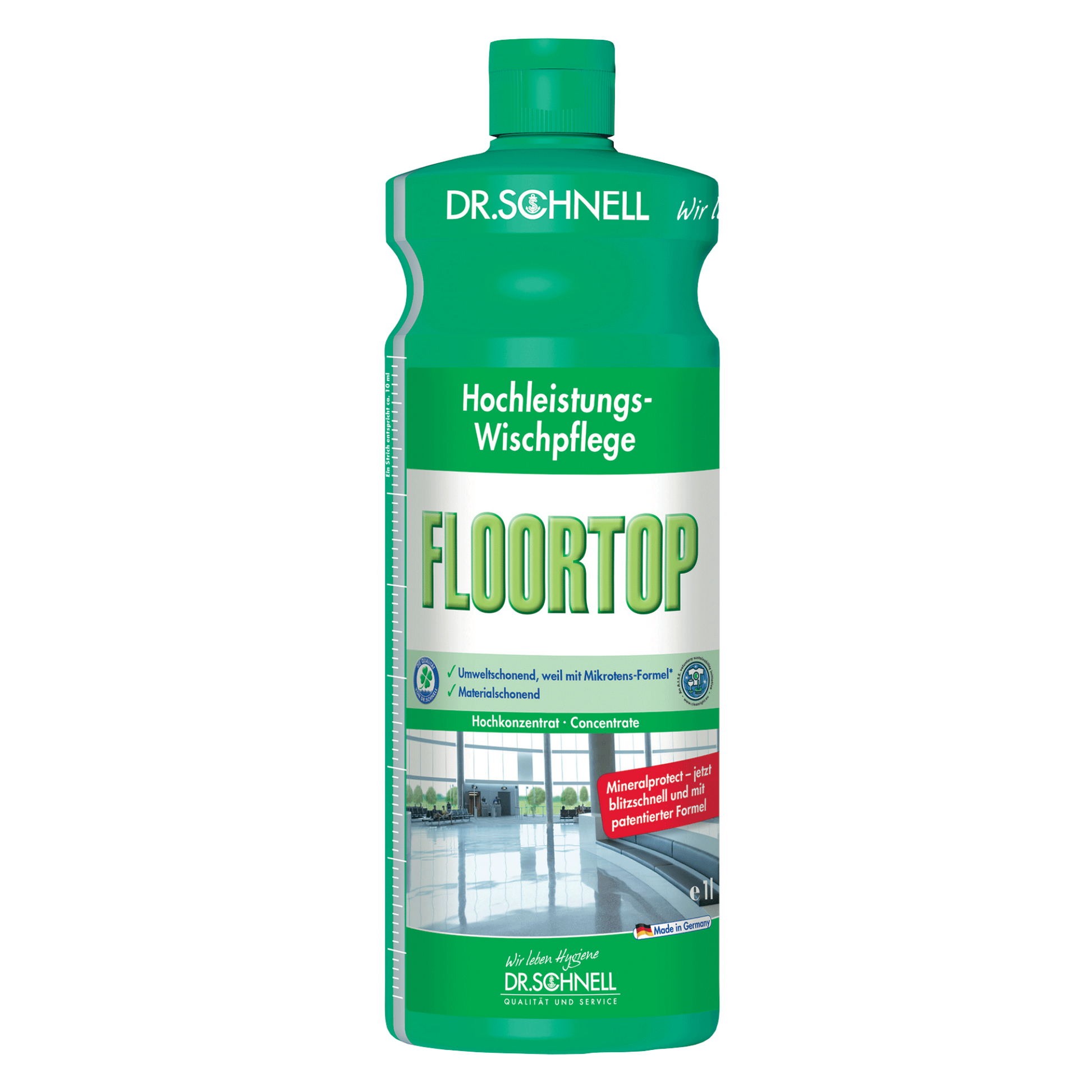 Eine Flasche Dr. Schnell Floortop Hochleistungs-Bodenreiniger in grüner Farbe mit Etiketten in deutscher Sprache, auf denen Bilder eines glänzenden Bodens und zusätzliche Produktdetails zu sehen sind.