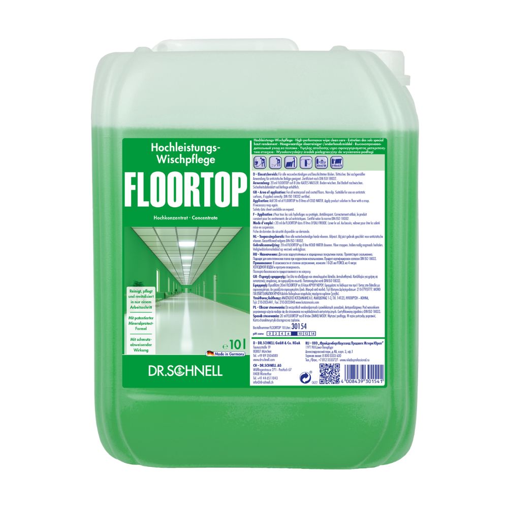 Ein grüner 10-Liter-Behälter mit dem Hochleistungs-Bodenpflegeprodukt Dr. Schnell Floortop für wasserbeständige Bodenbeläge, mit Produktdetails und Anwendungshinweisen in Weiß und Blau