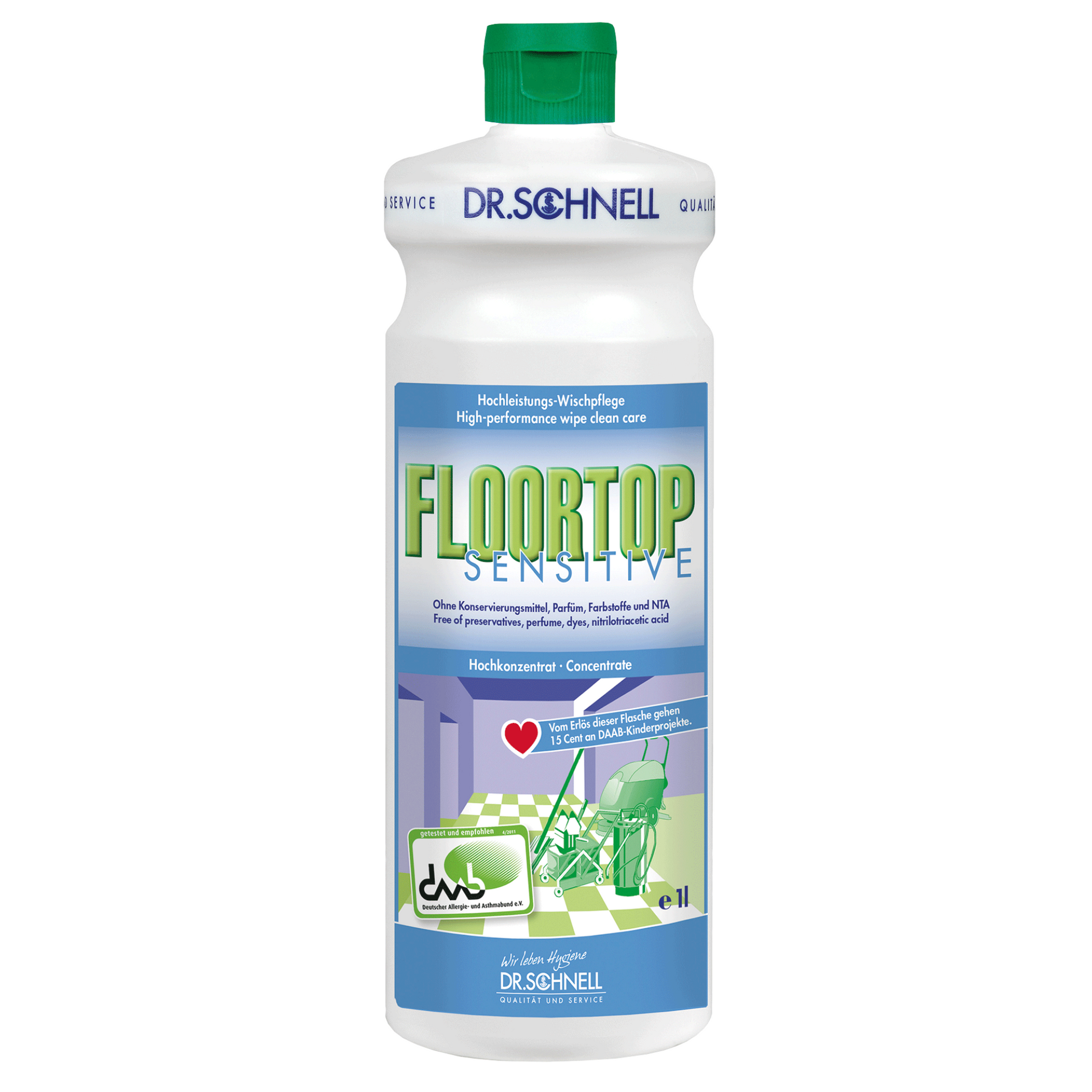 Eine Flasche Dr. Schnell Floortop Sensitive Hochleistungs-Bodenreiniger Konzentrat mit dem Aufdruck „Sensitiv reinigen“ enthält weder Duft- noch Farbstoffe oder Ähnliches.