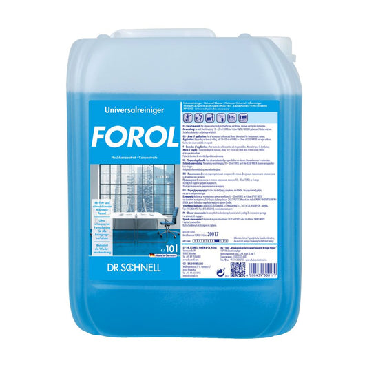 Ein blauer 10-Liter-Behälter mit Dr. Schnell Forol Universalreiniger Oberflächen Konzentrat mit deutschsprachigen Informationen auf dem Etikett, darunter Gebrauchsanweisungen und Sicherheitshinweise. Das Etikett enthält außerdem ein Bild.