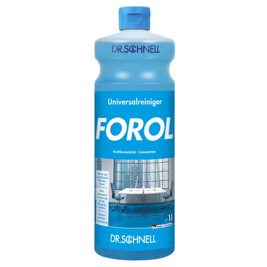 Eine Flasche Dr. Schnell Forol Universalreiniger Oberflächen Konzentrat von DR.SCHNELL GmbH & Co. KGaA trägt ein blaues Etikett mit weißem Text und zeigt das Bild eines sauberen, modernen Raums mit blauem Bodenbelag, der die außergewöhnliche Schmutzentfernungsleistung des Produkts hervorhebt. Die Flasche ist mit einem blauen Deckel verschlossen.