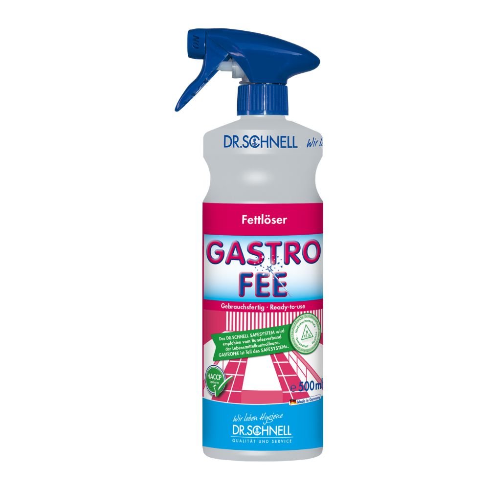 Das Bild zeigt eine 500 ml Flasche Dr. Schnell GastroFee Öl- und Fettlöser, gebrauchsfertig, von DR.SCHNELL GmbH & Co. KGaA. Dieser leistungsstarke Reiniger ist für alkalibeständige Oberflächen konzipiert und verfügt über eine blaue Sprühdüse sowie ein auffälliges rosa Etikett, wodurch er sich ideal für gebrauchsfertige Anwendungen in anspruchsvollen Umgebungen eignet.