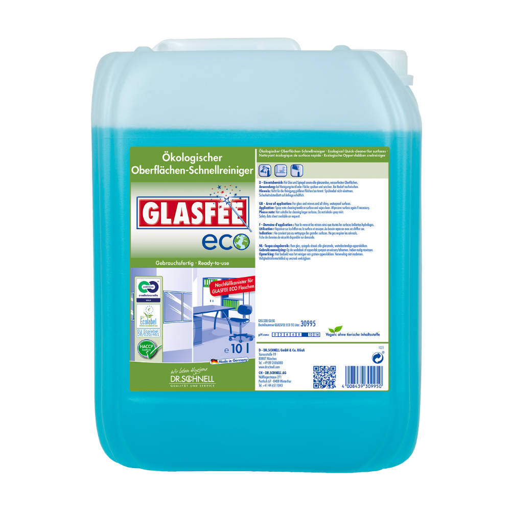 Ein blauer Plastikkanister mit dem ökologischen Reiniger Dr. Schnell GlasFee Eco, beschriftet in deutscher Sprache und mit QR-Code, Öko-Etiketten und Gebrauchsanweisungen, geeignet für Streifen.
