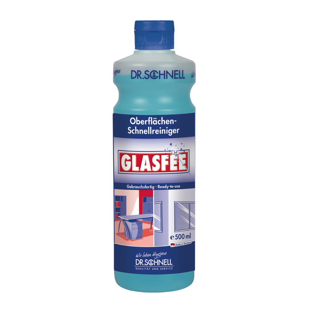 Eine 500 ml Flasche Dr. Schnell GlasFee Glasreiniger, versehen mit einem blauen Etikett mit Bildern eines Spiegels und eines Glastisches, das seine Verwendung anzeigt für