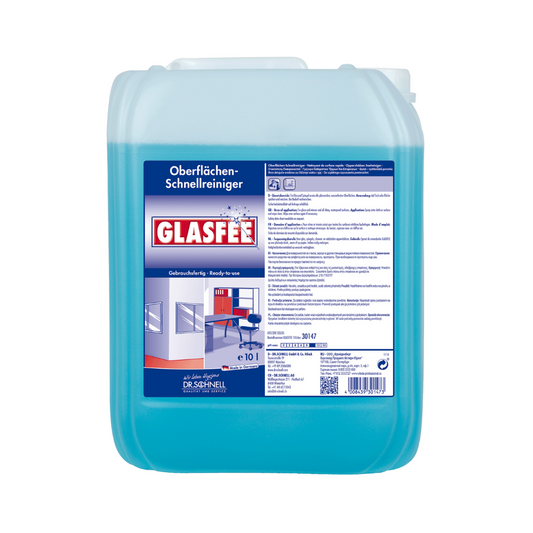 Ein blauer Plastikkanister mit der Aufschrift „Dr. Schnell GlasFee Glasreiniger“ mit Text und Symbolen, die auf die Verwendung als Oberflächenreiniger hinweisen. Das Etikett