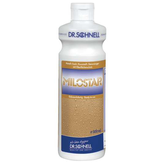 White 500-ml plastic bottle from Dr. Schnell MILOSTAR Metal, Paint, and Plastic Cleaner by DR.SCHNELL GmbH & Co. KGaA, featuring a blue-and-white German label with product information and branding.