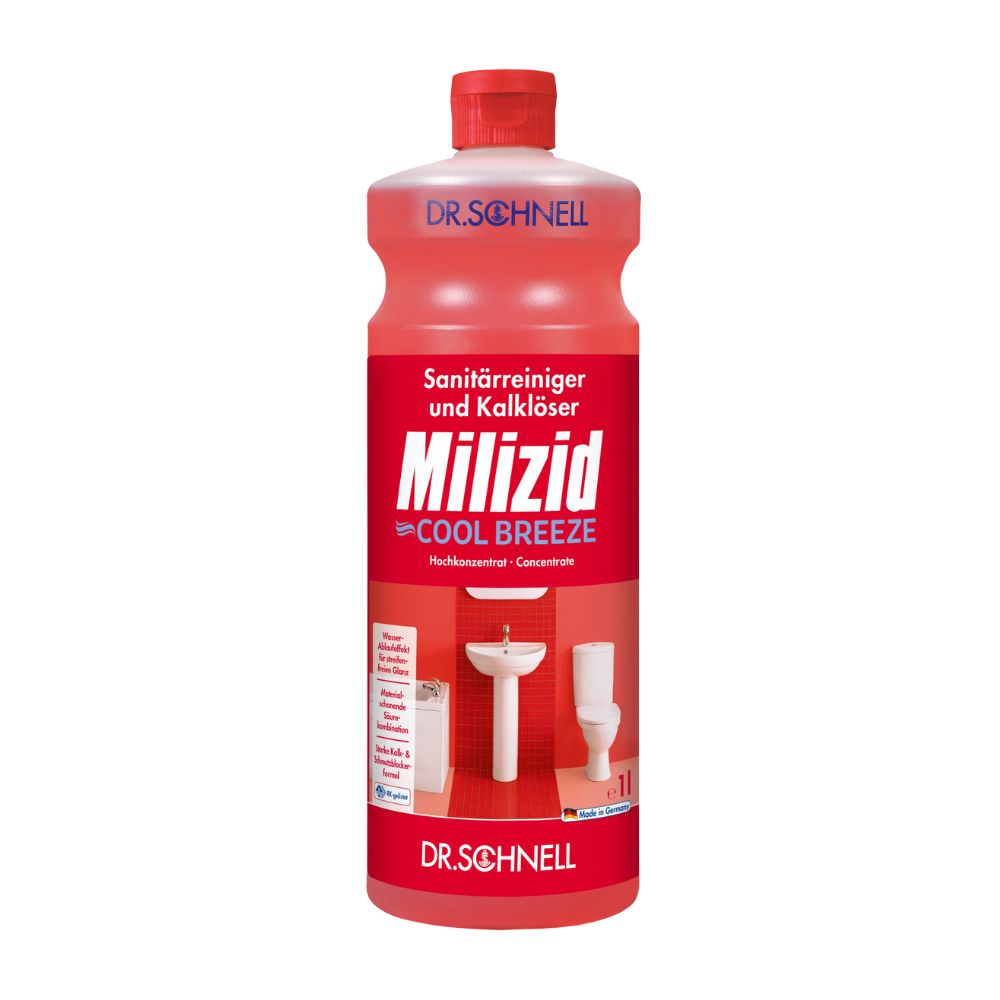 Eine Flasche Dr. Schnell Milizid Cool Breeze Sanitärreiniger und Kalklöser in roter Verpackung, konzipiert für Sanitär- und Kalkentfernung. Das Etikett enthält Produktinformationen und ein Dr. Schnell-Logo, das seine Wirksamkeit hervorhebt.
