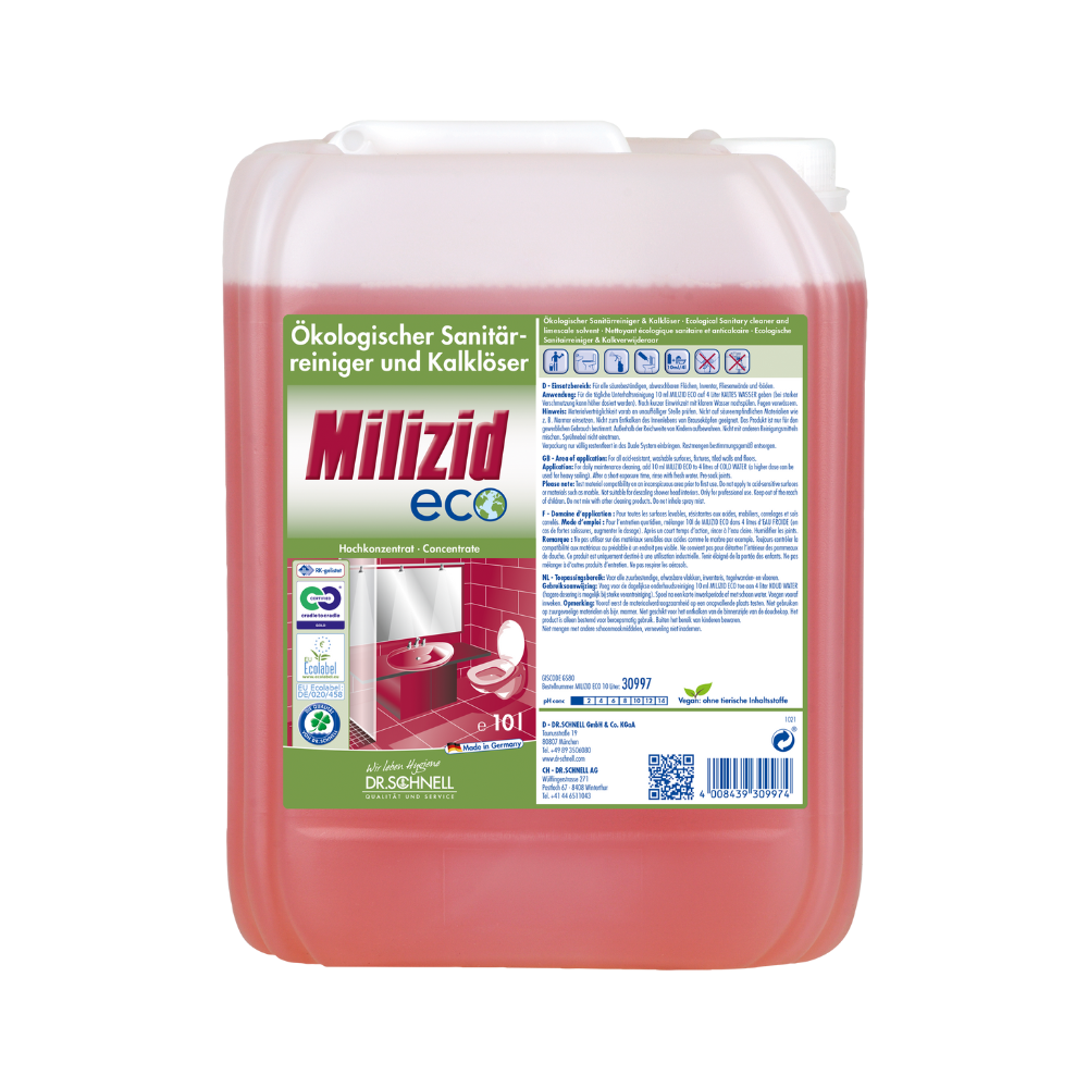 Ein rosa Plastikkanister mit Dr. Schnell Milizid ECO Sanitärreiniger und Kalklöser, mit Produktaufkleber mit Gebrauchsanweisung und Umweltzeichen. Der Behälter ist für 10 Liter Flüssigkeit ausgelegt.