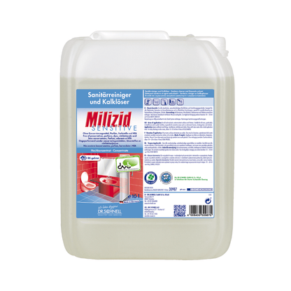 Ein Behälter mit Dr. Schnell Milizid Sensitive Sanitärreiniger und Kalklöser, einem Produkt der DR.SCHNELL GmbH & Co. KGaA. Er verfügt über ein blaues Etikett mit Produktdetails und Bildern eines Waschbeckens und einer Toilette auf säurebeständigen Oberflächen. Der durchsichtige Behälter ist mit einer weißen Kappe verschlossen.