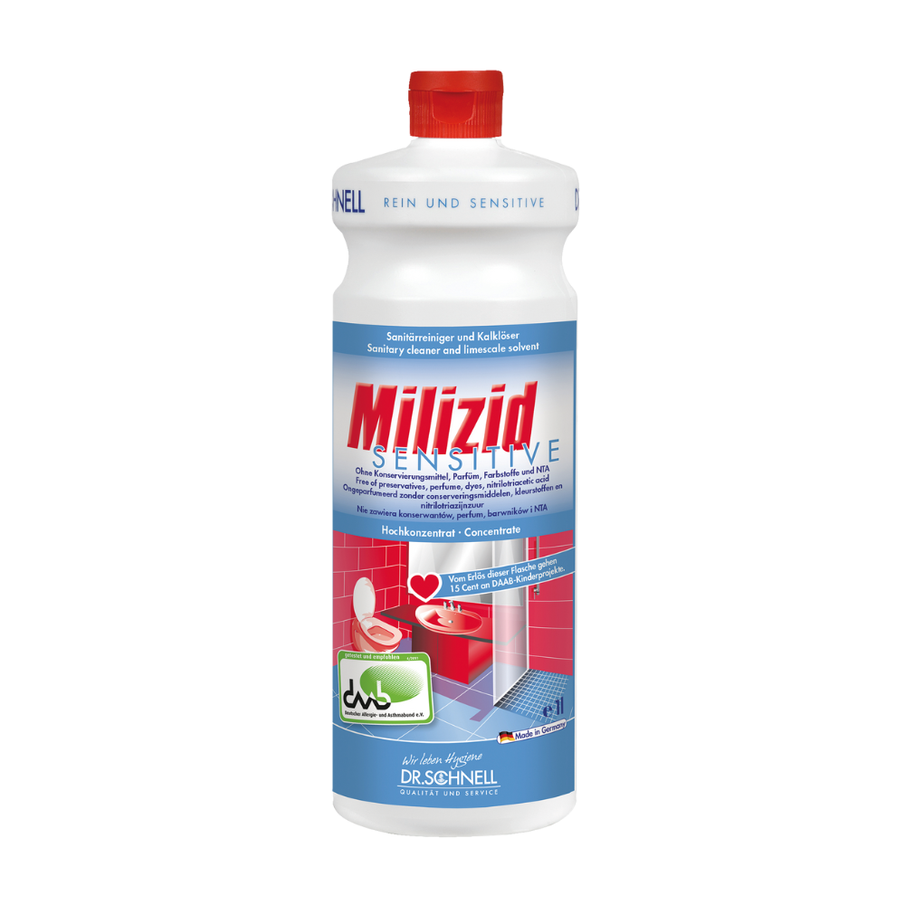 Eine Flasche Dr. Schnell Milizid Sensitive Sanitärreiniger und Kalklöser mit einem Etikett in Blau und Rot mit Symbolen, die auf Verwendung und Wirksamkeit hinweisen, und einem roten Deckel.