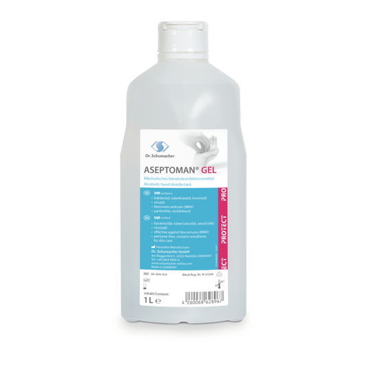 Eine 1-Liter-Flasche Dr. Schumacher Aseptoman® Gel Händedesinfektionsgel. Das Etikett auf der Vorderseite enthält Produktdetails und Logos in Rosa und Grau, oben befindet sich eine weiße kindersichere Kappe.