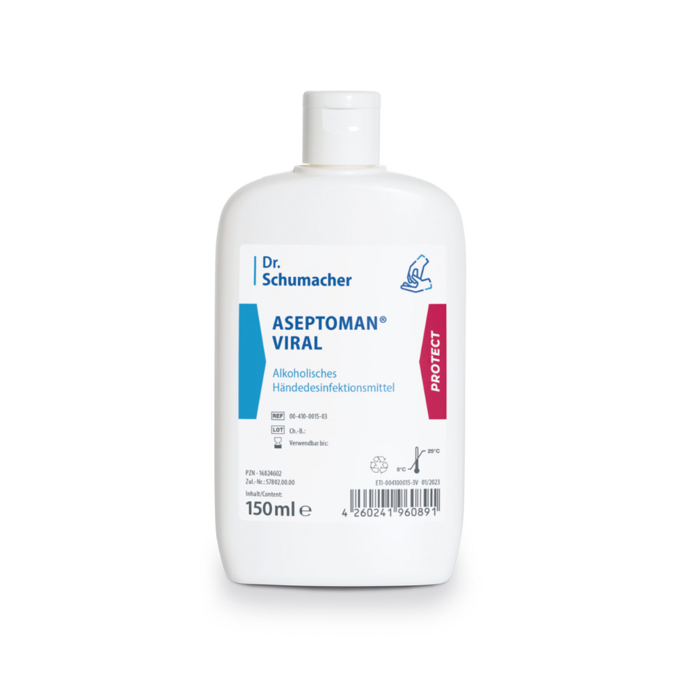 Eine Flasche Dr. Schumacher Aseptoman® Viral Händedesinfektion. Das Etikett ist weiß mit blauen und rosa Akzenten und zeigt Produktdetails und ein Handpumpensymbol.