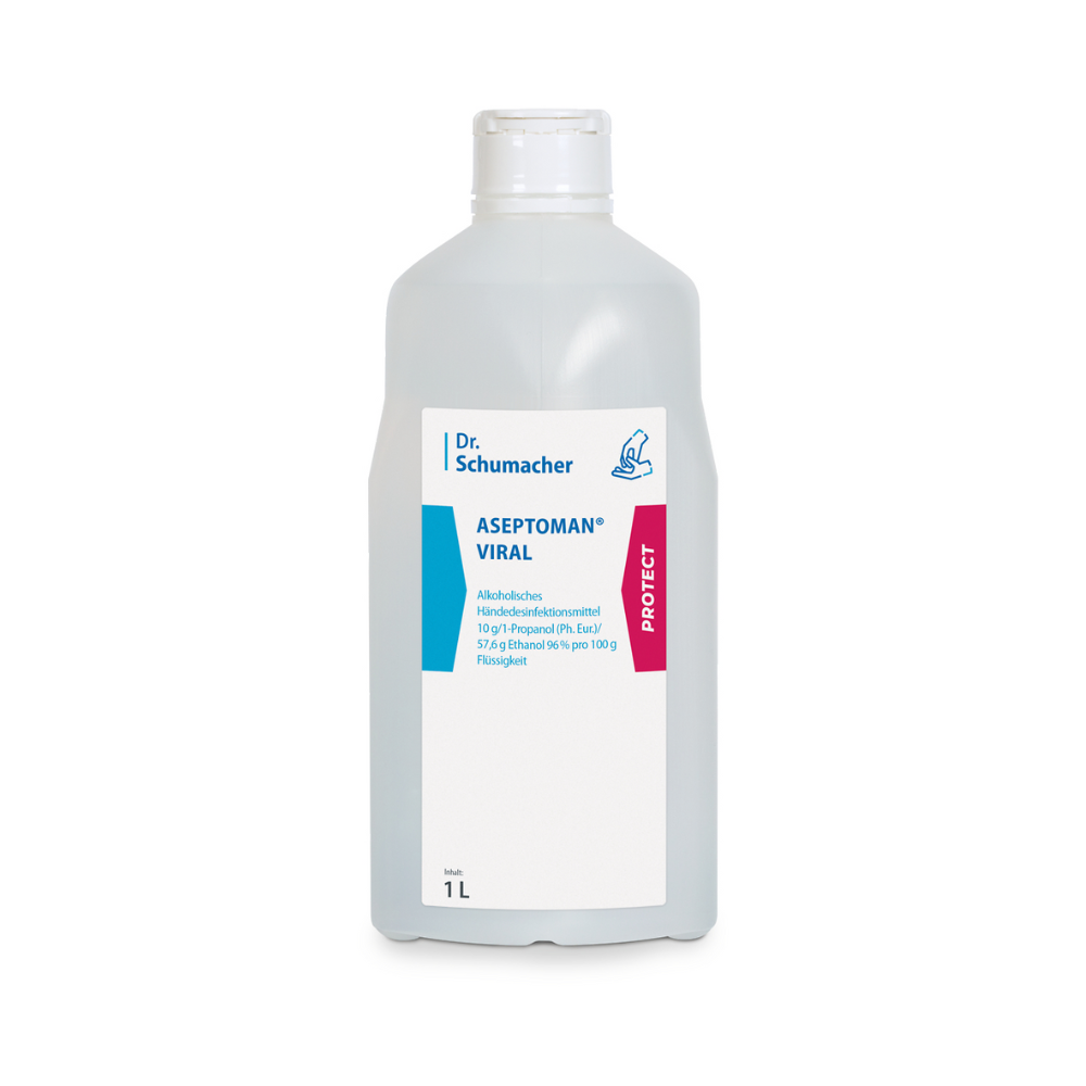 Eine 1-Liter-Flasche Dr. Schumacher Aseptoman® Viral Händedesinfektion mit weißem Etikett mit Marken- und Produktdetails. Die Flasche ist weiß, steht