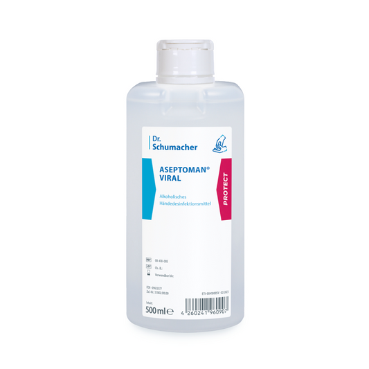 Eine 500ml Flasche Dr. Schumacher Aseptoman® Viral Händedesinfektion mit Produktdetails und Barcode auf dem Etikett.