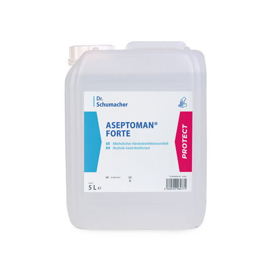 Ein 5-Liter-Kanister aus weißem Kunststoff mit Dr. Schumacher Aseptoman® forte Händedesinfektionsmittel, mit Produktetiketten und einem Barcode vor einem einfarbigen Hintergrund.