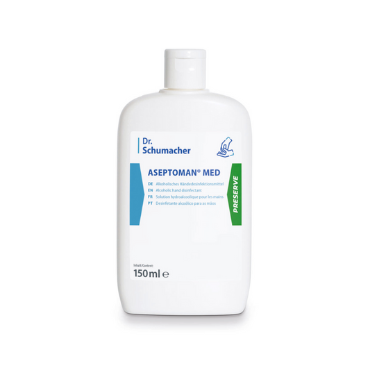 Eine weiße Plastikflasche mit der Aufschrift „Dr. Schumacher Aseptoman® med Händedesinfektion“, ein Händedesinfektionsmittel. Sie hat einen blau-schwarzen Text mit Logo, der besagt, dass es gegen Bakterien und Viren wirksam ist, 150 ml-Größe.
