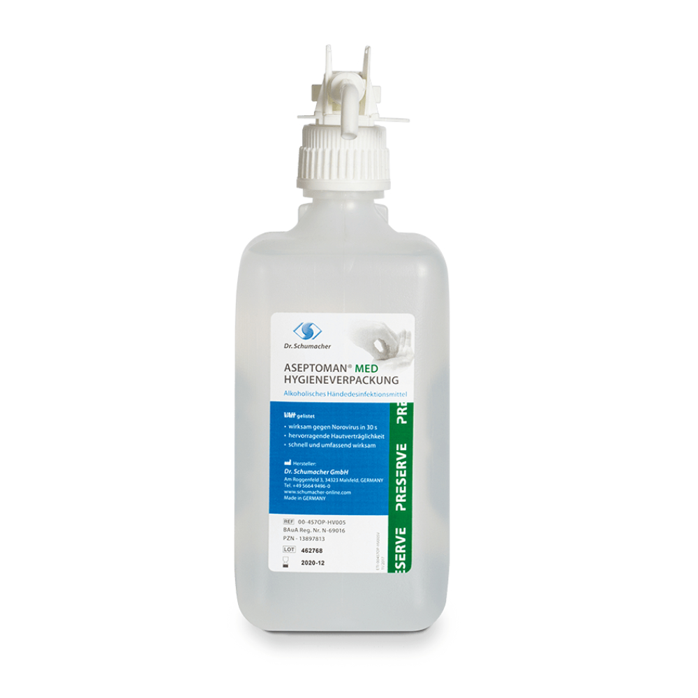 Eine Flasche Dr. Schumacher Aseptoman® med Händedesinfektion mit Pumpspender. Das Etikett ist blau-weiß und enthält Angaben zu Produktanwendung und Inhaltsstoffen in deutscher Sprache.