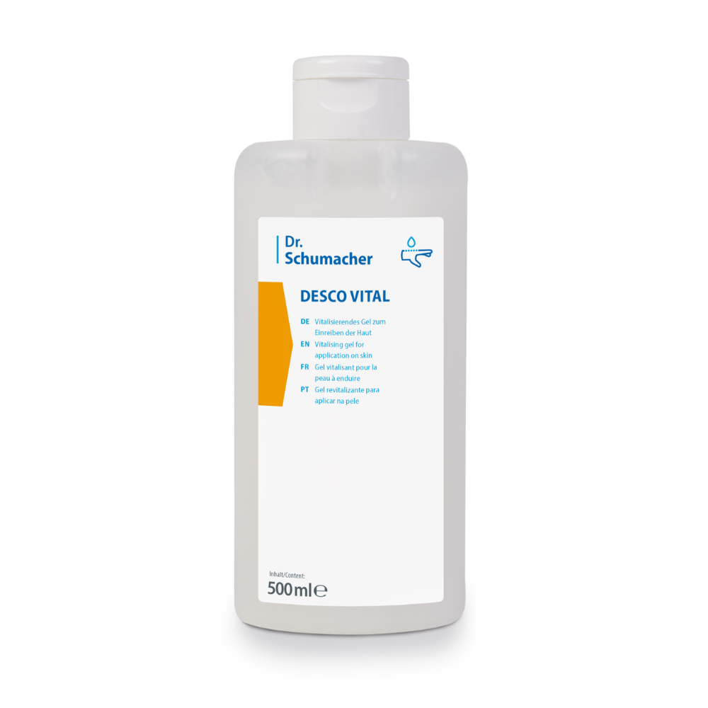 Eine 500-ml-Flasche Desinfektionsmittel Desco Vital Hydro Gel von Dr. Schumacher. Das Etikett ist hauptsächlich weiß mit blauen und orangefarbenen Akzenten und enthält Text und Logos zu den Produktspezifikationen.