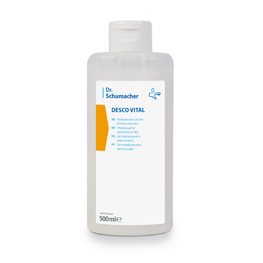 Eine 500-ml-Flasche Desinfektionsmittel Desco Vital Hydro Gel von Dr. Schumacher. Das Etikett ist hauptsächlich weiß mit blauen und orangefarbenen Akzenten und enthält Text und Logos zu den Produktspezifikationen.