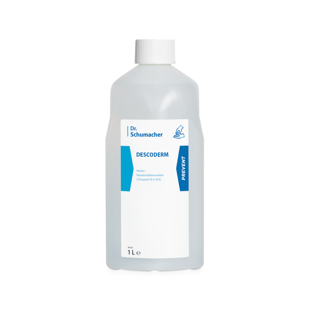 Eine 1-Liter-Flasche des Händedesinfektionsmittels Dr. Schumacher Descoderm Hautdesinfektion mit einem weißen Etikett mit blauen Akzenten und Produktinformationen. Der Behälter ist undurchsichtig mit einem