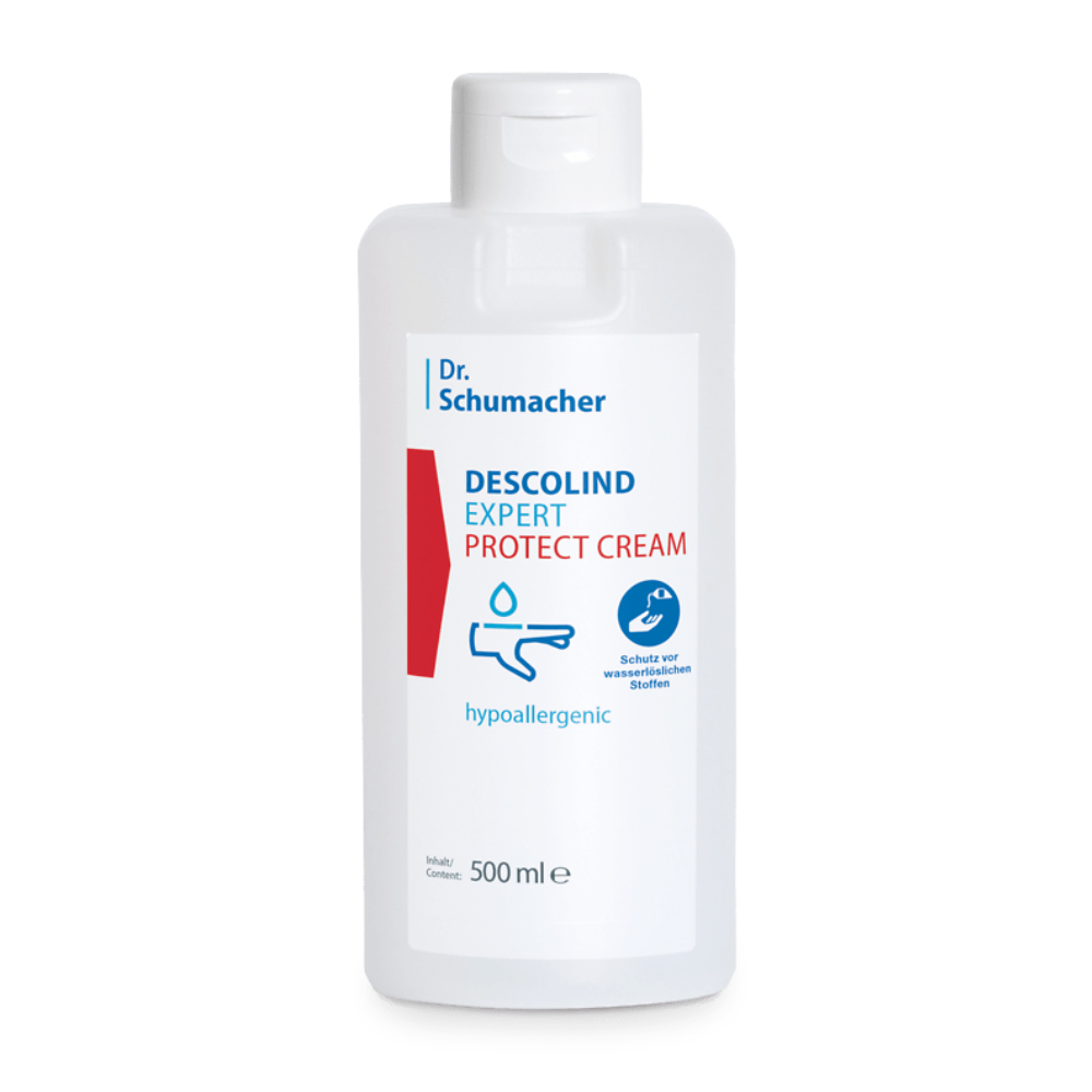 Eine weiße Flasche mit der Aufschrift „Dr. Schumacher Descolind Expert Protect Cream Hautschutzcreme“, die durch ein blau-rotes Logo als hypoallergen hervorgehoben wird und ein Fassungsvermögen von 500 ml aufweist.
