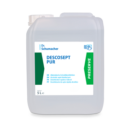 A 5L transparent plastic container of Dr. Schumacher DESCOSEPT PUR, rapid disinfection by Dr. Schumacher GmbH, with multilingual instructions and a green "PRESERVE" stripe on the right side. Perfect for rapid disinfection of medical devices.