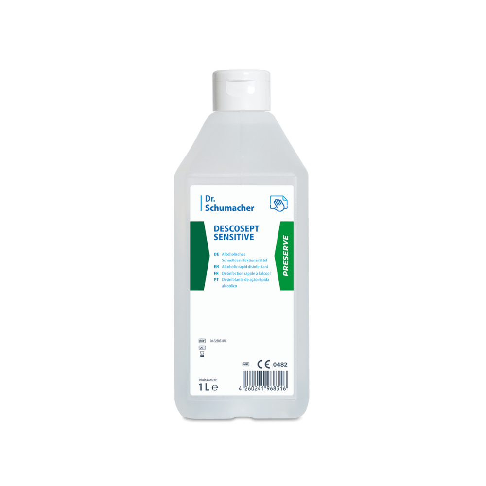 Eine Flasche Dr. Schumacher Descosept Sensitive Schnelldesinfektion. Die 1-Liter-Flasche in Weiß hat ein Etikett mit grünen Akzenten, auf dem Text und Produktinformationen stehen.