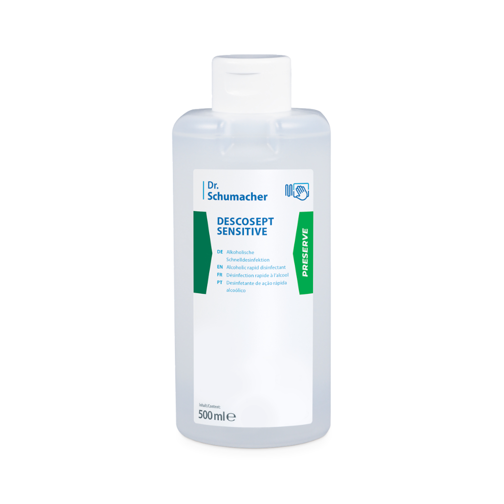 Eine 500-ml-Flasche Dr. Schumacher Descosept Sensitive Schnelldesinfektion Handdesinfektionsmittel auf weißem Hintergrund. Das Etikett ist hauptsächlich weiß und grün, was darauf hinweist, dass es sich um eine Formel für empfindliche Haut handelt.