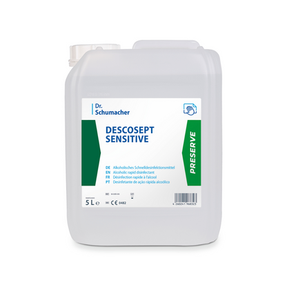 A 5-liter container of Descosept Sensitive Rapid Disinfection from Dr. Schumacher GmbH, an alcohol-free rapid disinfectant for medical inventory. The white container features a label with text in several languages and a green PRESERVE label on the side.