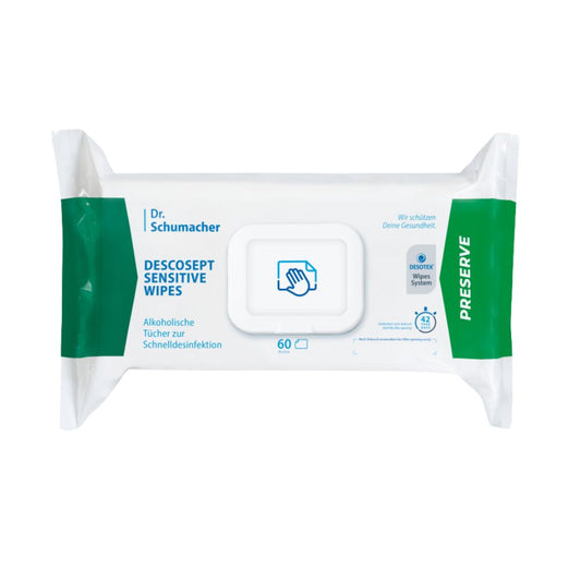 Packung Dr. Schumacher Descosept Sensitive Wipes Desinfektionstücher mit 60 alkoholbasierten Desinfektionstüchern, präsentiert in einer überwiegend weißen Verpackung mit blauer und grüner Etikettierung.