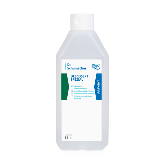 Eine 1-Liter-Flasche Dr. Schumacher Descosept Spezial Schnelldesinfektion alkoholfreies Desinfektionsmittel mit blauer und grüner Beschriftung, mit Text und Logos, konzipiert für