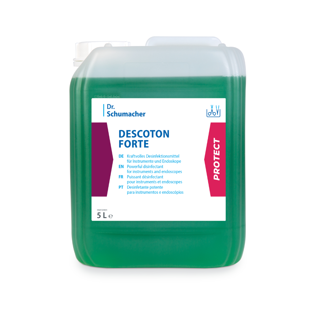 Ein 5-Liter-Behälter mit dem Desinfektionsmittel Dr. Schumacher Descoton Forte in Weiß mit grünem Etikett. Das Produkt wird für die Intensivreinigung und Endoskop-Desinfektion beworben.