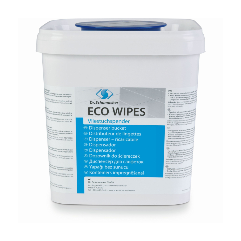 Ein weißer, rechteckiger Kunststoffbehälter mit blauem Deckel und der mehrsprachigen Aufschrift „Dr. Schumacher Eco Wipes Vliestuchspender, eckig | Spender (1 Stück)“, vorgesehen für die Aufbewahrung von Feuchttüchern.