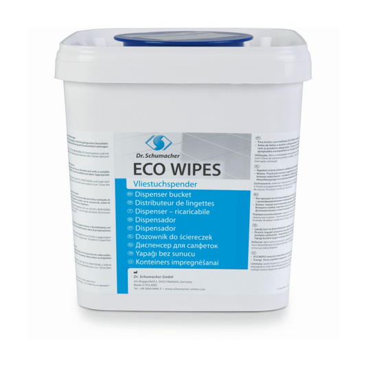 Ein weißer, rechteckiger Kunststoffbehälter mit blauem Deckel und der mehrsprachigen Aufschrift „Dr. Schumacher Eco Wipes Vliestuchspender, eckig | Spender (1 Stück)“, vorgesehen für die Aufbewahrung von Feuchttüchern.